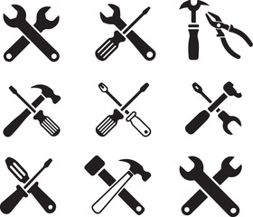 Construction and Mechanic Tools Vector Collection - Black Flat Hand Tool Symbols - tool, repair, maintenance, wrench, hammer, screwdriver, pliers, construction, vector, icon, silhouette, set,