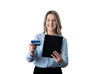 Woman online shopping holding credit card and tablet