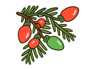 Christmas pine branch with festive holiday lights and red berries, seasonal winter decoration element, transparent background