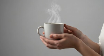 Hands hold a warm mug emitting wisps of steam against a neutral backdrop