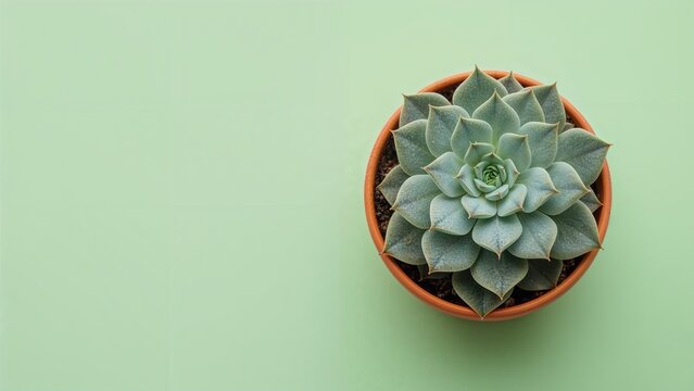 Succulent plant in a terracotta pot, viewed from above on a pastel green background.