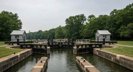 Fototapeta premium Historic canal lock with symmetrical design, tranquil waters, and green banks