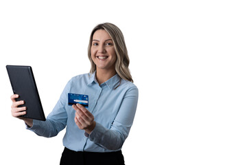 Woman shopping online, holding digital tablet and credit card