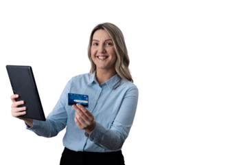 Woman shopping online, holding digital tablet and credit card