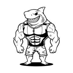 Naklejka premium Aggressive Muscular Shark Mascot Illustration Outline