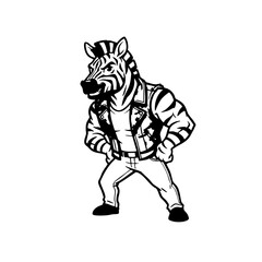 Fototapeta premium Cool Zebra Mascot in Biker Jacket Black and White Vector Art