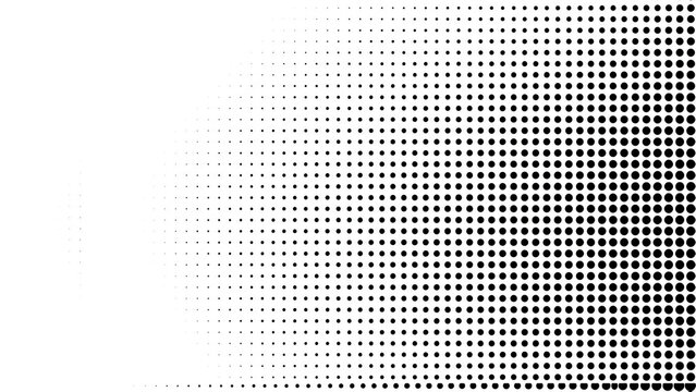 Abstract black and white halftone pattern background featuring a gradual transition from sparse dots to dense coverage on the right side