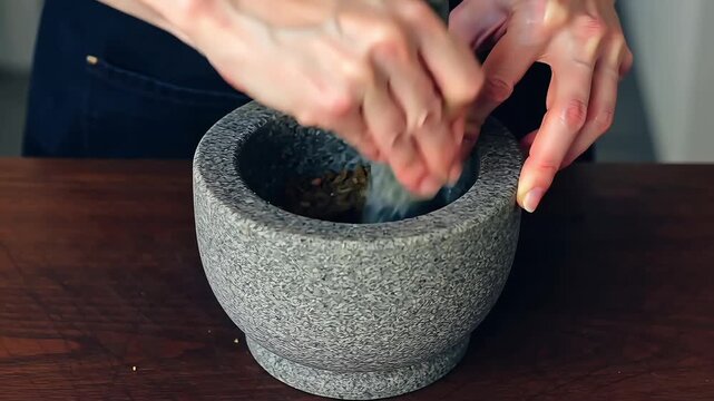 Mortar and pestle grinding herb spices Apothecary Ingredient Preparation Seasoning Medicine Natural Pharmacy