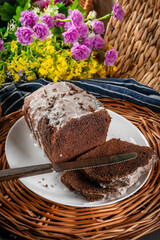 Freshly baked chocolate cake.