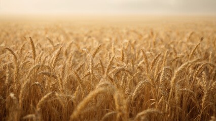 Obraz premium Golden wheat field during sunset with tall stalks and ripe wheat. Agriculture and harvest, nature and farming. The concept of farming and crop growth.