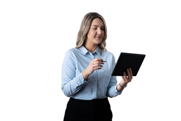 Businesswoman standing using tablet stylus transparent background
