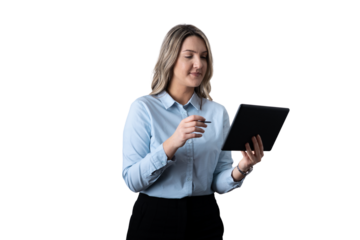Businesswoman standing using tablet stylus transparent background