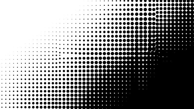 Abstract black and white halftone pattern background featuring a diagonal gradient transition of increasing circular dots from light to dark areas