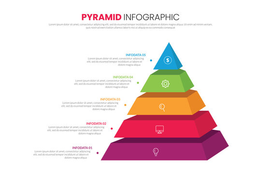 Pyramid infographic template with five colourful levels, business data visualization design