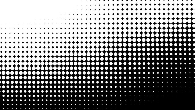 Abstract black and white halftone pattern background featuring a diagonal gradient transition from solid black to white dots