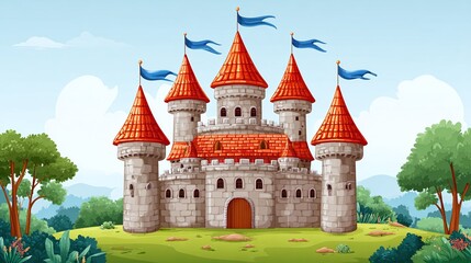 Fototapeta premium Majestic castle illustration with red-roofed towers and blue flags, set against a scenic landscape with lush greenery and a clear blue sky. A symbol of fairytale charm and adventure.