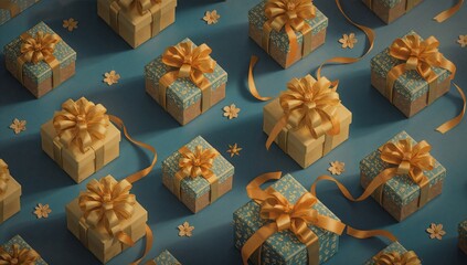 Fototapeta premium Gifts Arranged on a Blue Background With Golden Bows and Flower Decorations