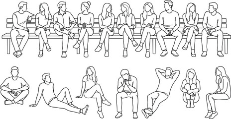 Black and white seated people illustration showing diverse postures, social interaction, body language, and casual lifestyle in line art.