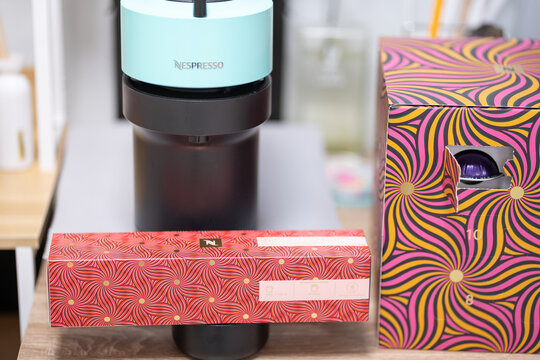PATHUM THANI, THAILAND - December 5, 2025: Nespresso Boxes and Coffee Capsules in  Box. Nespresso is Worldwide Company of Coffee Products. 