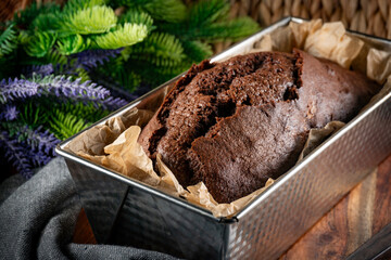 Freshly baked chocolate cake.