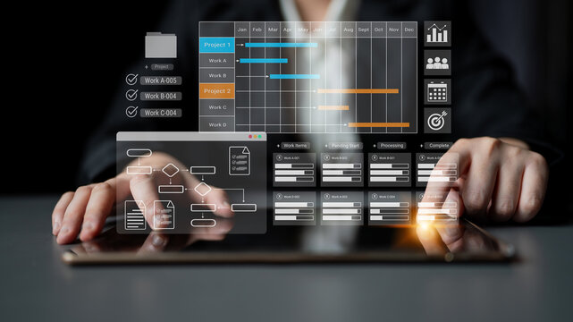 Gantt chart displaying project timelines, task progress, and workflow management in a business dashboard interface Parse - Powered by Adobe