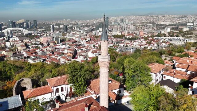 Historic Sultan Alaaddin Mosque and panoramic city view of Ankara Turkey