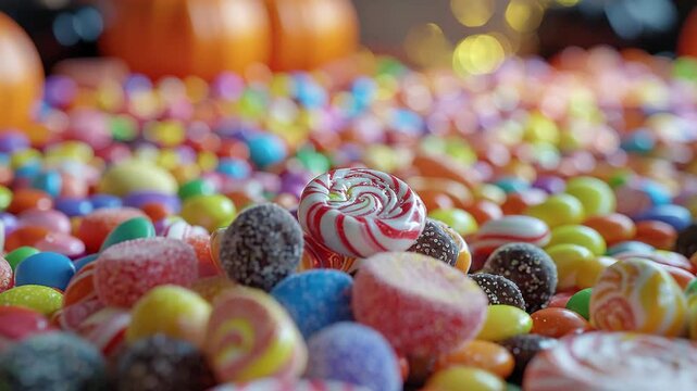 Close Up View of Colorful Assorted Candies with Orange Pumpkins in Background Festive Still Life