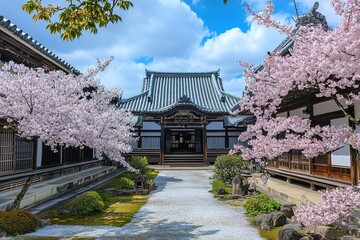 castle walls surrounding a temple courtyard filled with blooming cherry blossoms