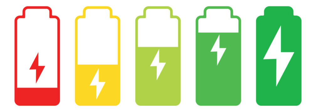  Colorful battery charge level icons. Battery charge vector set. Charging empty battery to full sign. Energized power indicator symbol representing a fully charged battery.
