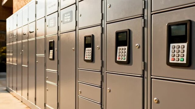 Medium shot of a bank of digital parcel lockers with various sizes ensuring versatile secure package storage solutions for residential or commercial use.