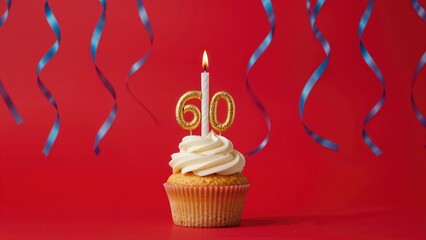 A cupcake with a candle displaying the number 60, celebrating a 60th anniversary or birthday, with blue ribbons hanging on a red background.