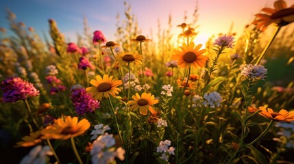 Fototapeta premium Vibrant Meadow Flowers Glow Under Golden Sunset Light