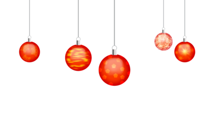 Five hanging red Christmas balls with various intricate patterns and textures creating festive holiday decorations against a transparent background
