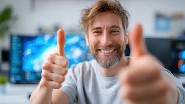 Thumbs Up with Joy: A cheerful individual radiates pure joy, giving a thumbs up, symbolizing approval and success, bathed in natural light against a blurred backdrop.