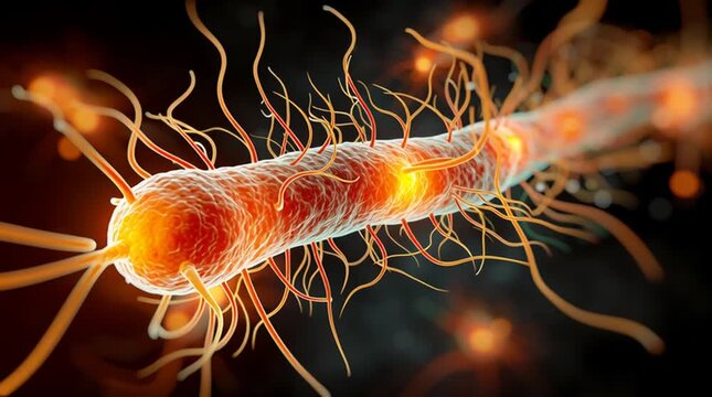 High-magnification visualization of a motile bacterium such as Salmonella, using long whip-like flagella to propel itself through liquid, highlighting microbial structure and movement.
