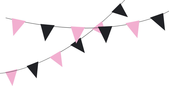 A banner with pink and black flags hanging from a white background