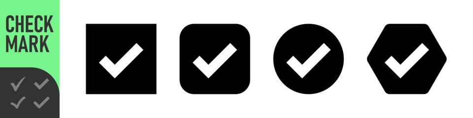 Green and black check mark icon set : Set of many green check mark icons in various shapes: square, rounded, circle, and outlined rounded square. perfect for UI, tasks, and confirmations