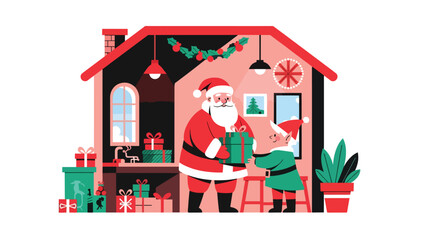 Modern flat illustration of Santa packing gifts in his workshop, ideal for festive branding, holiday packaging, children’s content, and Christmas promotional materials