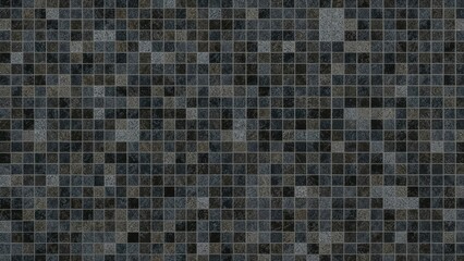 Fototapeta premium A mosaic pattern of small square tiles in dark shades of gray and black.