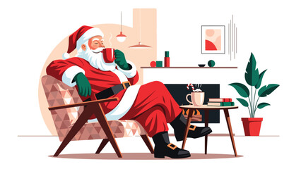 Flat vector illustration of Santa enjoying hot cocoa while resting, ideal for cozy holiday themes, festive marketing, warm winter graphics, and seasonal merchandise