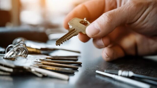 Close medium shot of a repossession agent inspecting duplicate keys and lock pick tools under bright lighting on a clean surface.