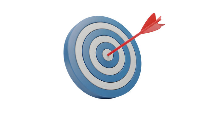 3d red arrow hitting the bullseye center of a blue and white target isolated on transparent background