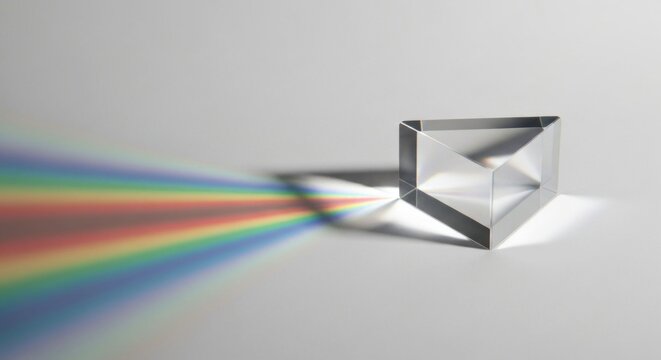 Prism refracting light, creating a spectrum of colors on a white surface