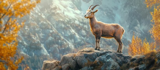 Majestic mountain goat stands high on autumn peaks.