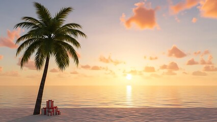 Tranquil tropical beach scene with a lone palm tree and chairs at sunset