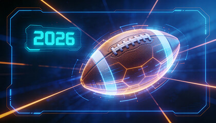 Futuristic American Football with Digital Data Display and 2026 Holographic Projections