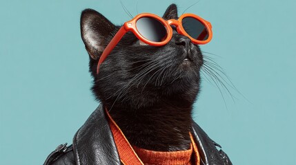 Cool black cat portrait with orange sunglasses and leather jacket on a bright blue background. It's a fun, stylized shot of a trendy feline, oozing confidence.