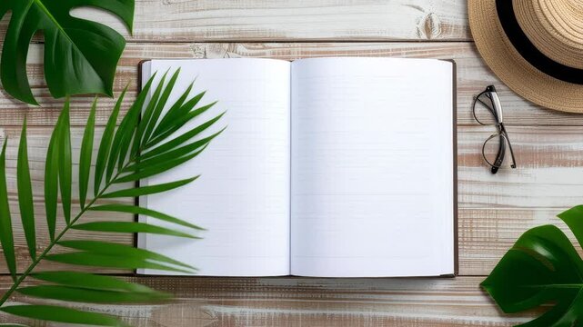 Open Notebook And Accessories With Tropical Green Leaves On Wooden Surface