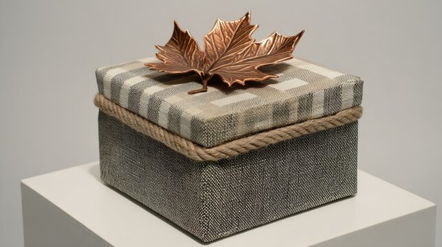 Textured gift box with a stylish fabric design and copper leaf accent, elegantly displayed on a pedestal, highlighting artistic details and modern aesthetics