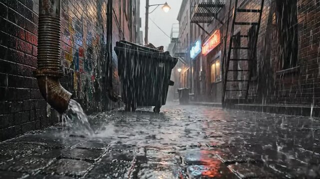 A Cinematic Capture Of A Rainy Alleyway, Street With Rain, Waterflow, and Urban Atmosphere